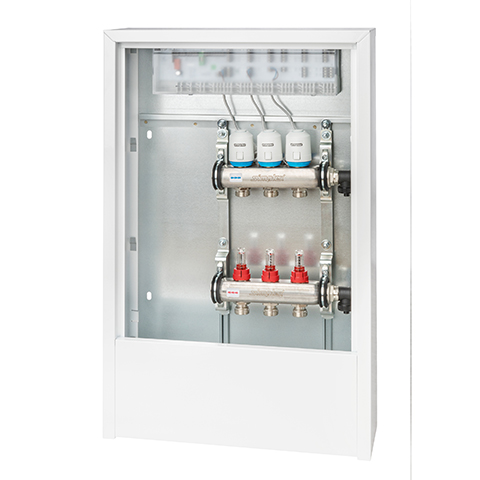 Flamco Verteilerstation fuer FBH, 11 HK m. Regelung, vormont. in AP-Schrank Exkl F18789 Flamco Verteilerstation fuer FBH, 11 HK m. Regelung, vormont. in AP-Schrank Exkl F18789